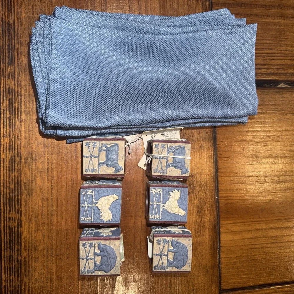 Set 6 Barnyard Animals Resin Napkins & Rings. Rustic Blue Farmhouse Grandmacore